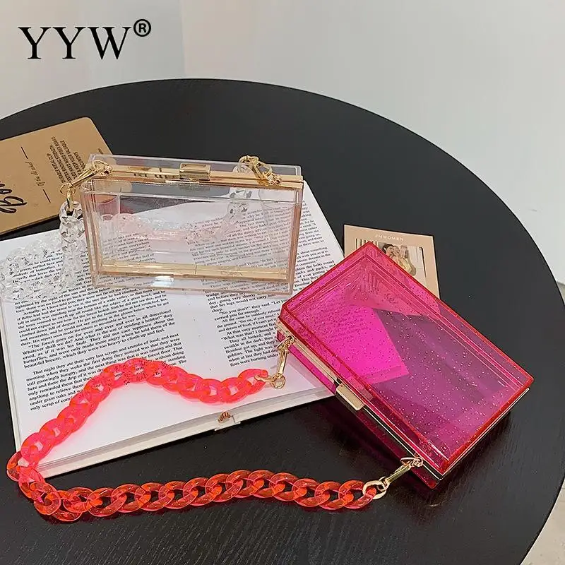 Square Acrylic Jelly Transparent Women Clutch Handbag Crystal Chain Single Shoulder Wedding Purse Lady Hard Messenger Bag Box