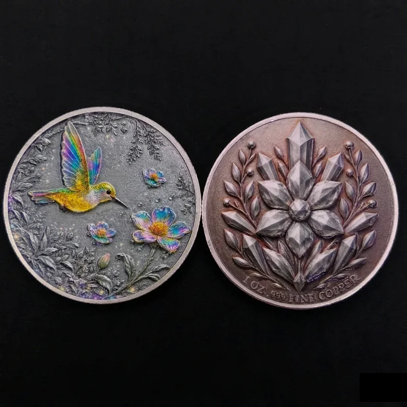 1 oz .999 Fine Copper Hummingbird Round Rainbow Iridescent Crystal Flower Silver Plated Edge Colorized Art Collection Gift