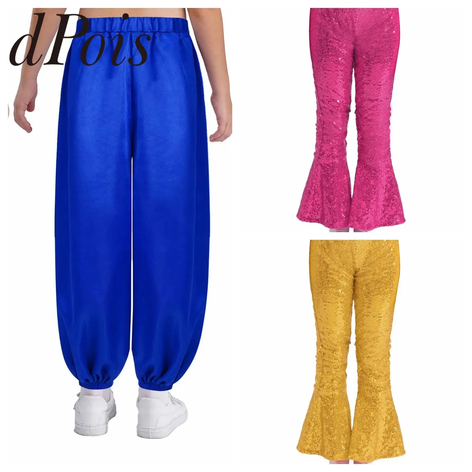 Girls Latin Belly Dance Trousers Sequins Flared Pants Kids Party Performance Jazz Dancing Flares Hip Hop Carnival Costume