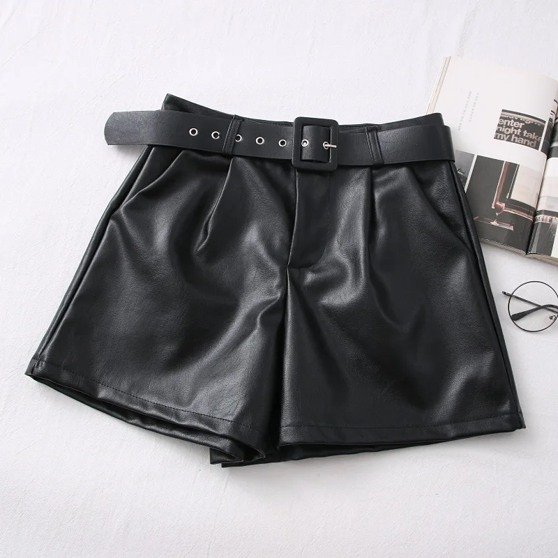 2026 nowe, modne i uniwersalne spodnie z szerokimi nogawkami z wysokim stanem, wyszczuplające, z ekoskóry PU, szorty codzienne damskie - z paskiem