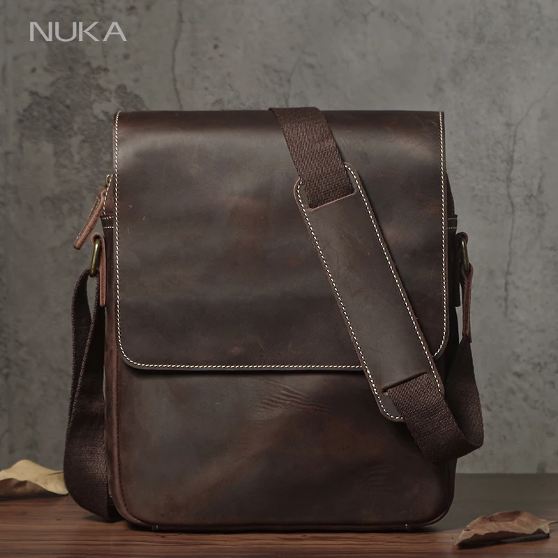 NUKA Vintage Real Leather Shoulder Bag Casual Vertical Flap Crossbody Men's Luxury Side Sling Bag Natural Cowhide Messenger Bags