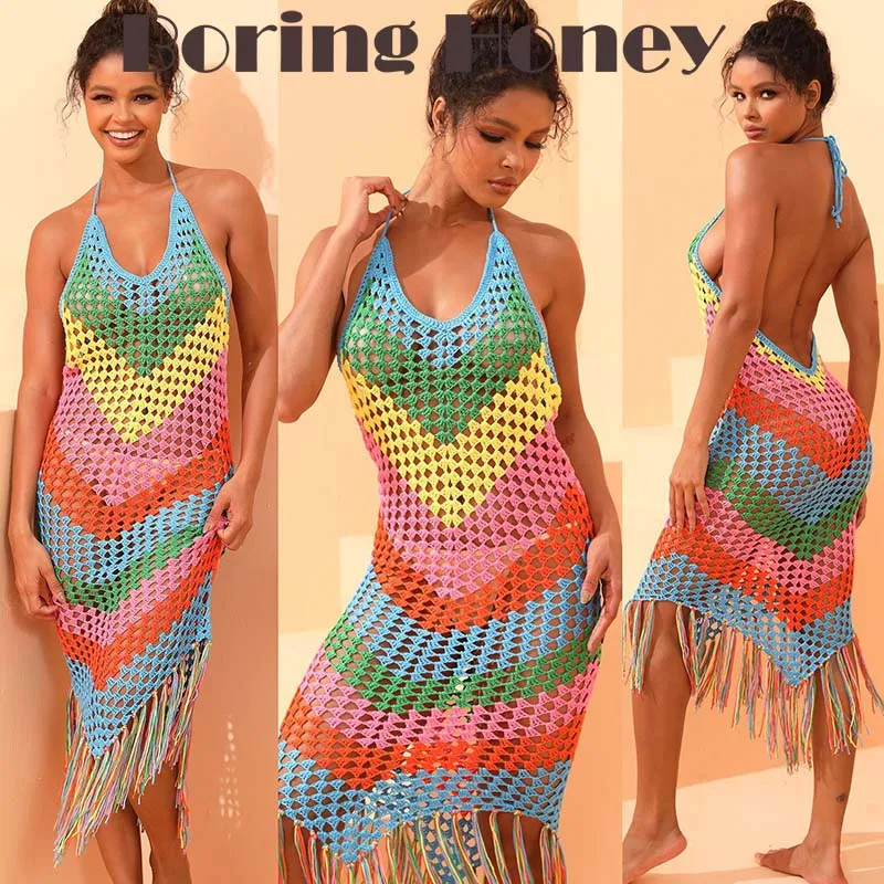 Boring Honey Women Handmade Crochet Beach Dress Summer Boho Swimwear Cover Up Bikini Mesh See Through Wedding Guest Party Dress