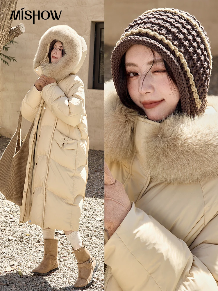 MISHOW White Duck Down Coat Hooded Long Removable Fox Fur Collar Down Jacket Zipper Design Warm Wind Resistance Coat MXD55Y0052