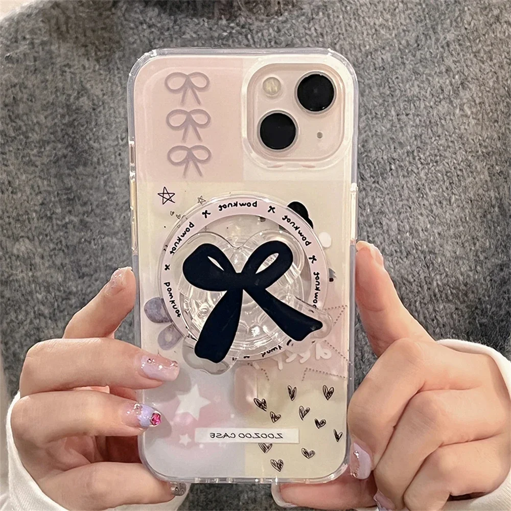 Support coréen mignon Kawaii avec nœud papillon pour téléphone magnétique Magsafe Griptok Grip Tok, étui de chargement sans fil pour IPhone 16 Pro Max