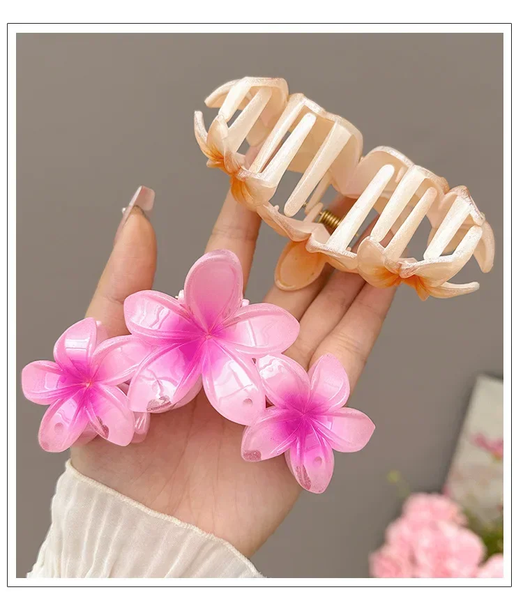 3ps Seaside Summer Flower Hairpin Beach Vacation Back Head Grab Hair Clips Large Shark Clip Plumeria Headwear Hair Accessories image 3