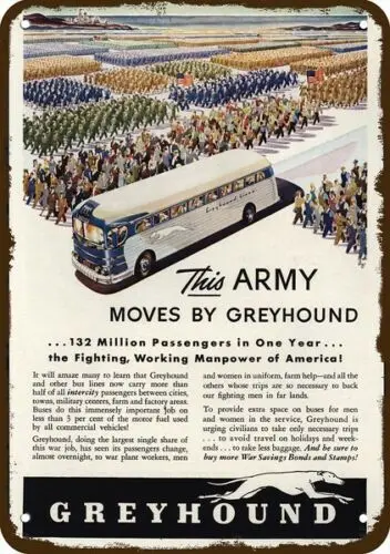 1943 WWII Soldiers Ride GREYHOUND BUS Vintage-Look DECORATIVE REPLICA METAL SIGN