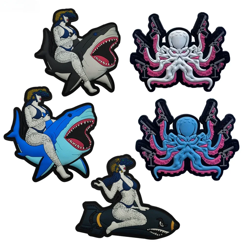 3D PVC Shark Cartoon Sticker Octopus Patch Sea Life Collection Badge Hook and Loop Armband Backpack Clothing Decorative Patches