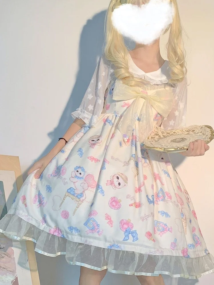 Lolita miękka sukienka dziewczęca Kawaii letnia kokardka JSK sukienki nadruk kota letnia swobodna słodka szata Femme urocza ubiór Harajuku