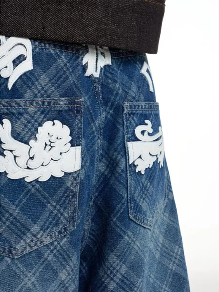 RORIRI Amerikanische Retro-Baggy-Jeans, Unisex, gewaschen, kariert, gerades Bein, Hose mit abgerundetem Saum, lockere Passform, Damen-Trend-Buchstabendruck