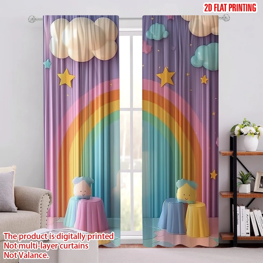 

2pcs Window Treatment Curtains Rainbow Clouds And Stars Polyester Perfect for Holiday Decor