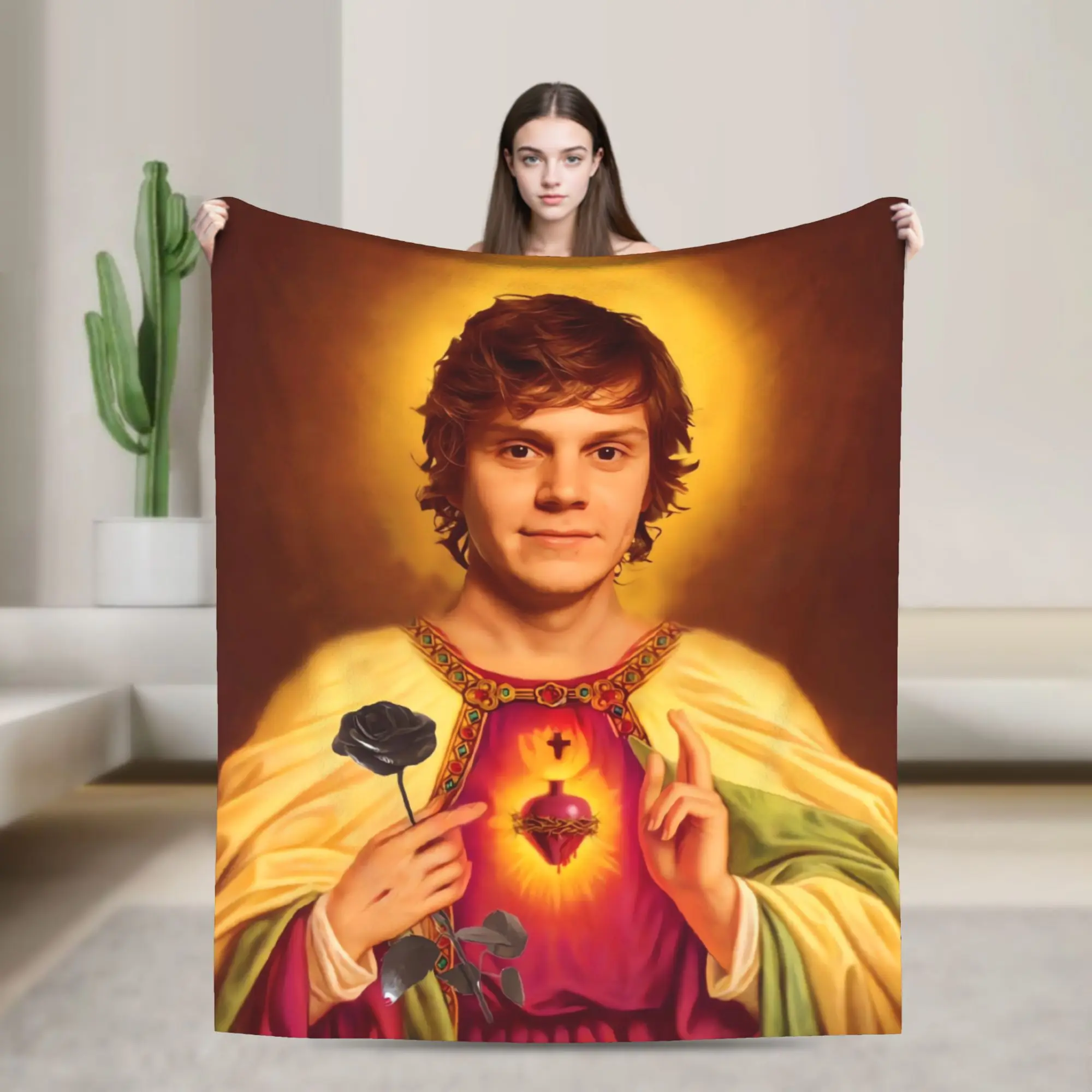 Sacred Evan Peters Saint Portrait Flannel Blanket  Super Soft Throw Blanket for Couch Chair Decorative Bedspread Sofa Bed Cover