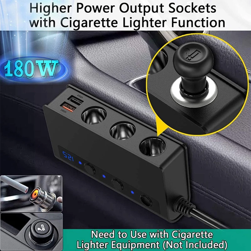 TR24 Quick Charge QC 3.0 -Cigarette Lighter Splitter 12V/24V 3 Socket 180W With 4-Port USB Car Charger ON-OFF Power