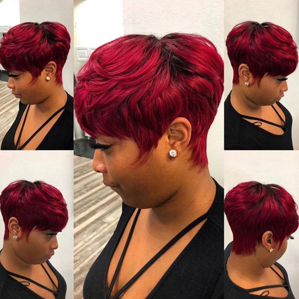 باروكات قصيرة بقص عابث للنساء ذوات البشرة السمراء، باروكة من شعر بشري ريمي بورجوندي مع غرة مصنوعة آليًا للاستخدام اليومي #4