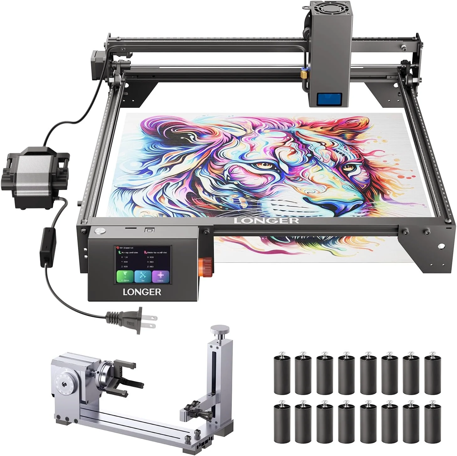 

Longer RAY5 20W Laser Engraver with Air Assist Kit, 4-in-1 Rotary Roller, and 16 Pcs Raiser, Cylindrical Objects