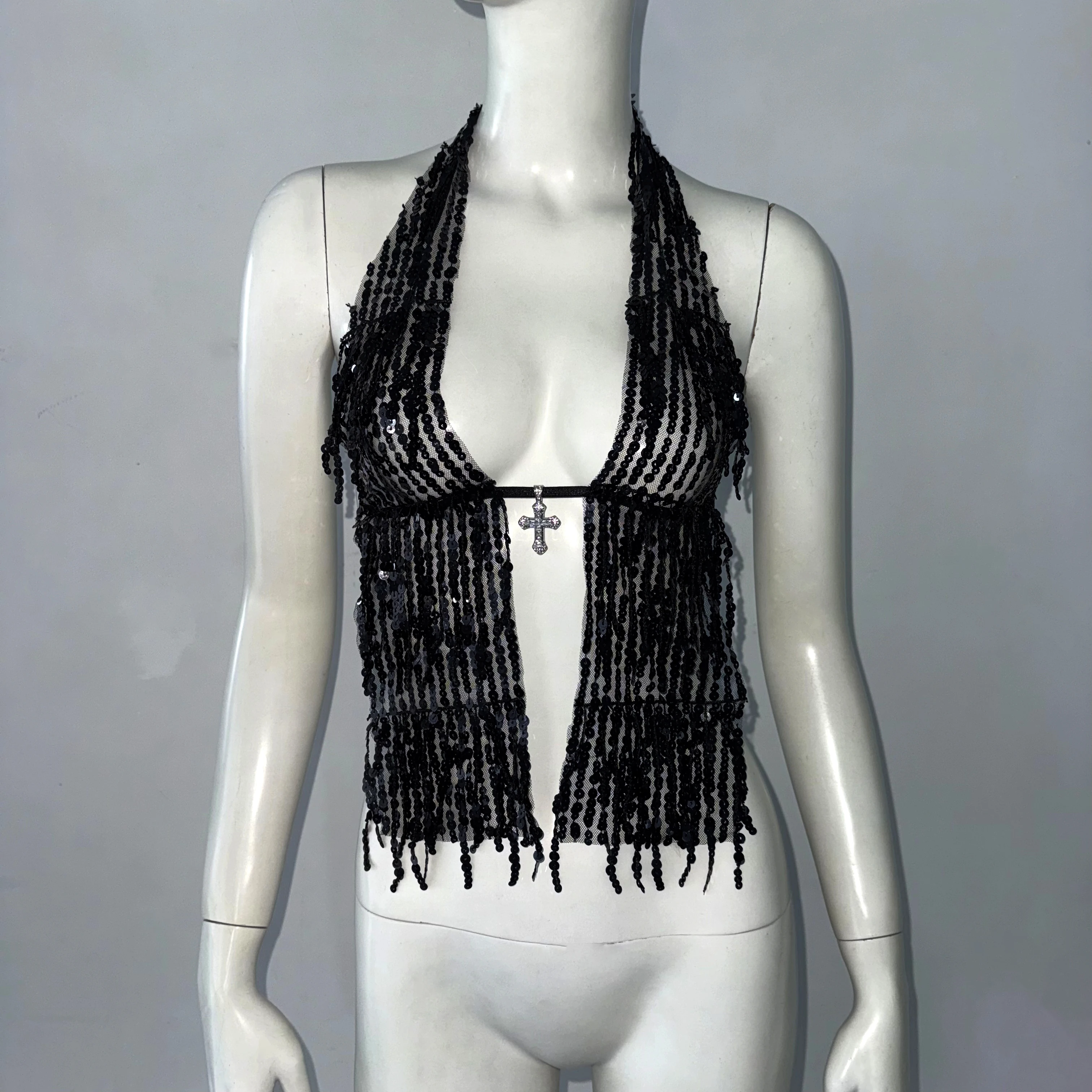 مثير عارية الذراعين العميق الخامس الرقبة الرسن الرقبة المحاصيل الأعلى المرأة الترتر شرابة بروتيل الخريف ملهى ليلي الشارع الشهير تانك القمم