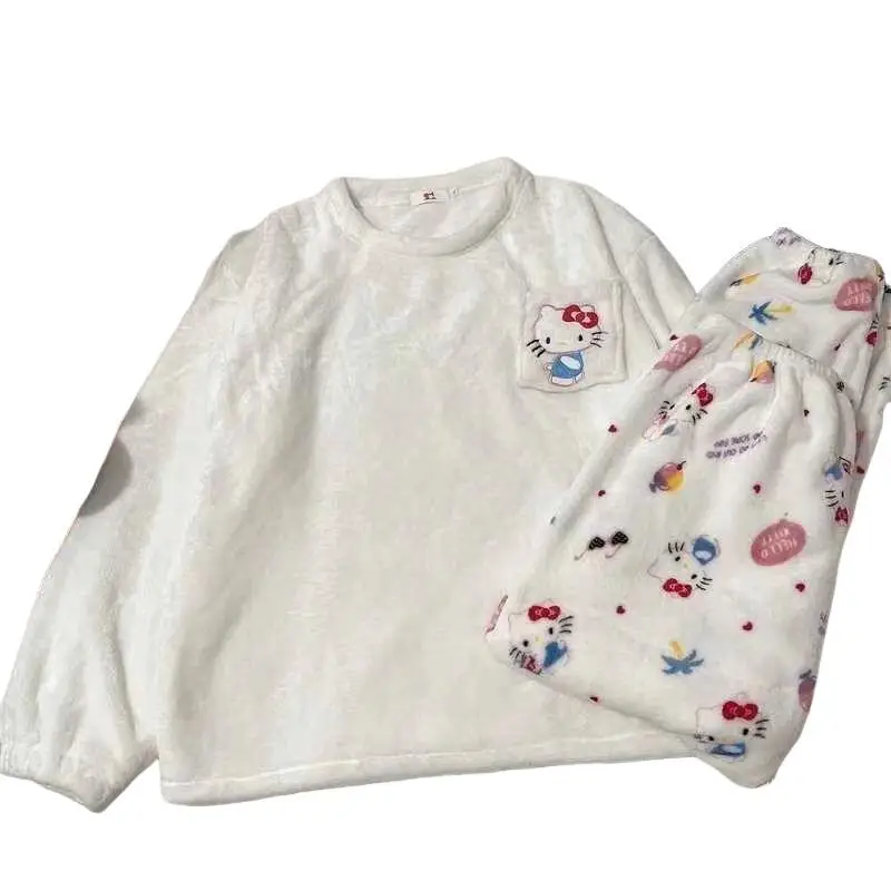 ชุดนอนซานริโอ้ลายการ์ตูนเฮลโลคิตตี้น่ารัก สไตล์นักเรียนลำลอง สำหรับฤดูใบไม้ร่วงและฤดูหนาว คอกลม ชุดนอนสไตล์ใหม่