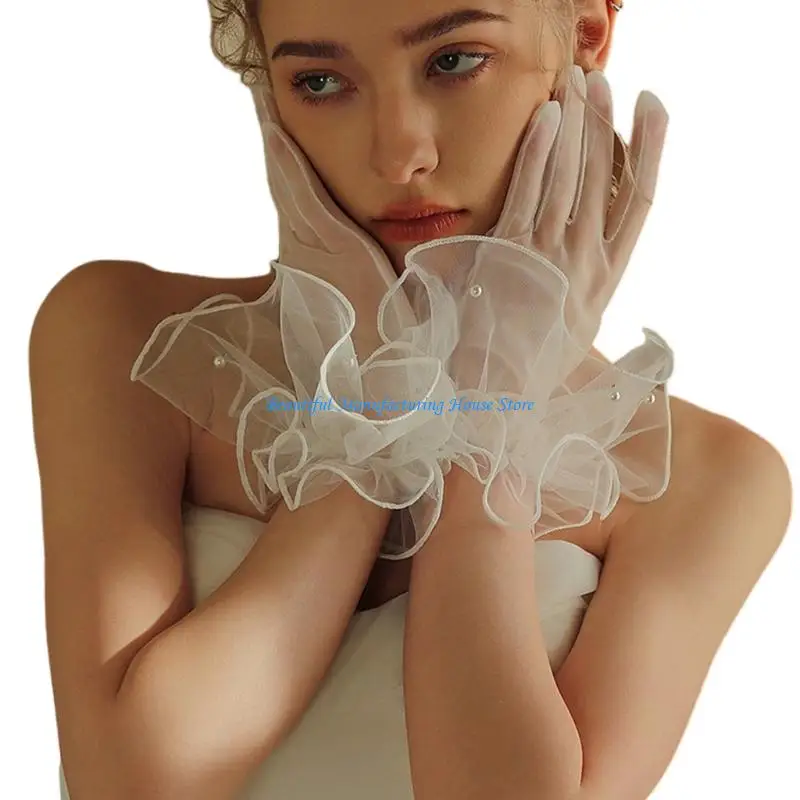 

E56A Elegant Gloves Pearls Full Finger for Proms Concert Evening Banquet Accessory Short Gloves for Bride and Bridesmaids