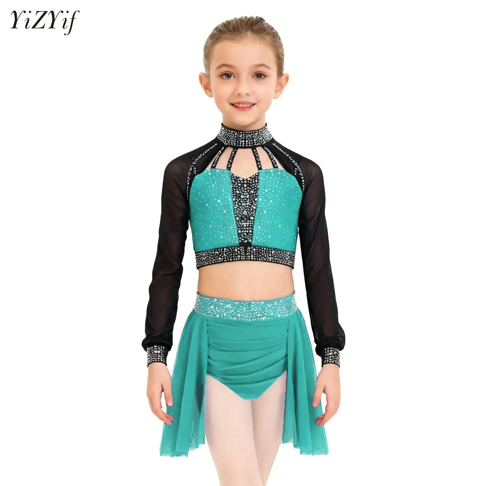 

Kids Girls Glitter Rhinestones Ballet Dance Sets Gymnastics Figure Skating Competition Performance Costume Workout Yoga Outfits