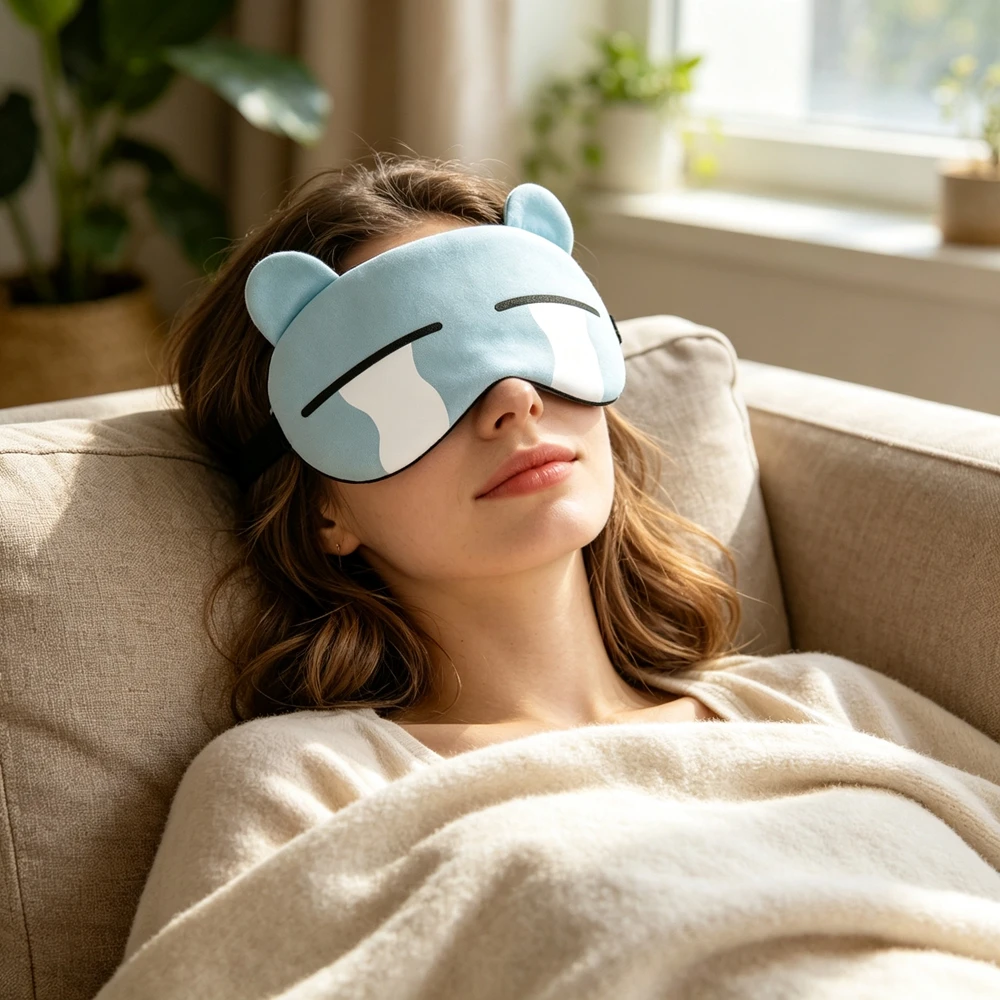 Sky Blue Crying Cat Ear Sleep Eye Mask Cute Cartoon Funny Print Light Blocking Shade Soft Breathable Nap Meditation Cover