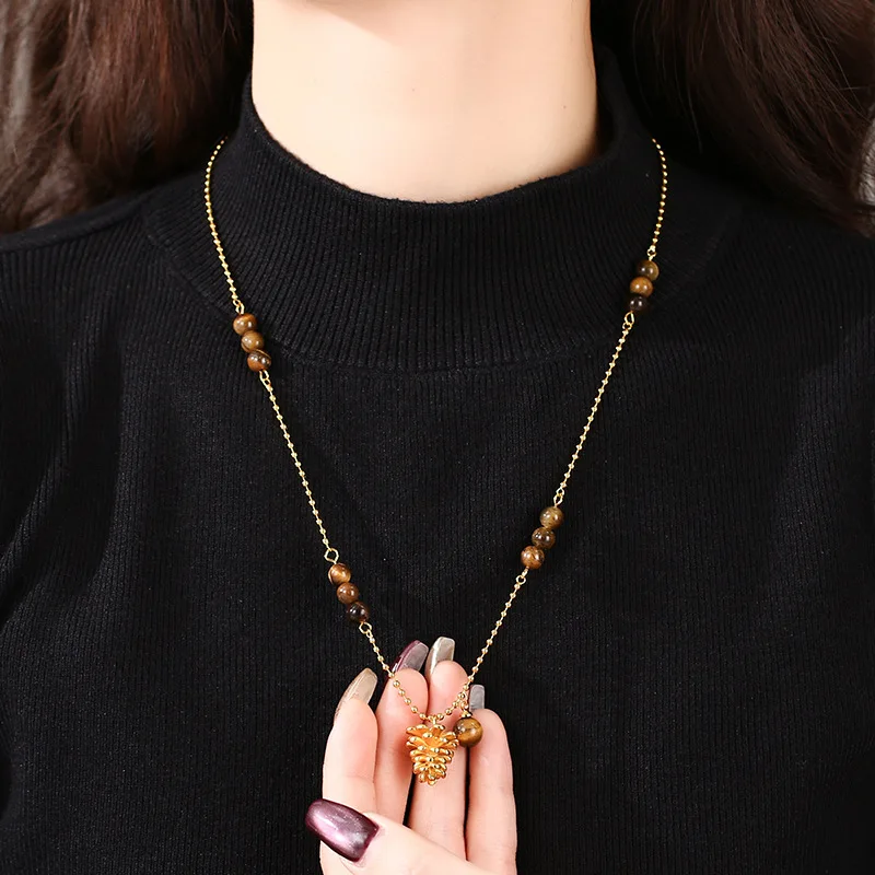 Bracelet Hand String Autumn And Winter Vintage Pine Cone Pendant Imitation Tiger Eye Necklace Accessories Maillard Light Luxury 4