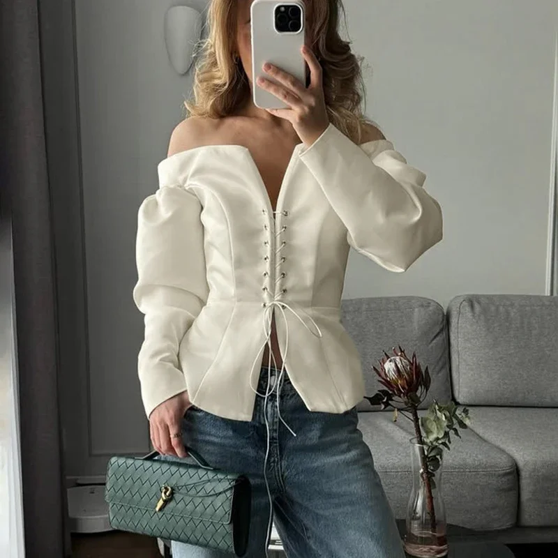 

Tornova One Shoulder Lace Up Cardigan Top Women's Sexy Hollow Long Sleeve Outwear Fashion Slim Club Party Top Autumn 2025 New