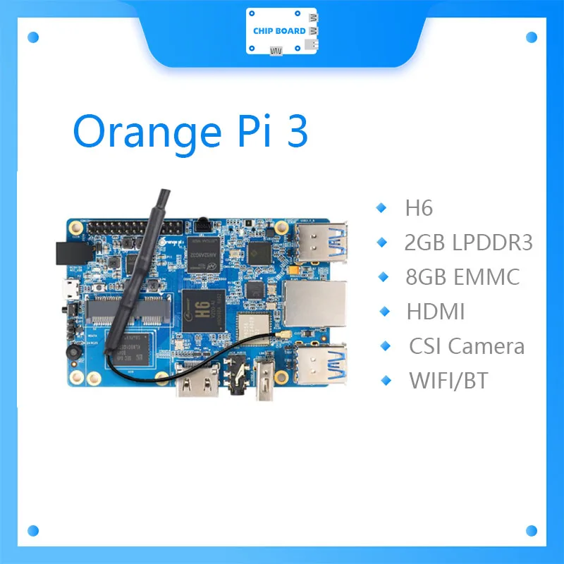 Orange Pi 3 H6 2GB LPDDR3 + 8GB EMMC Flash Gigabyte Ethernet Port AP6256 WIFI BT5.0 4*USB3.0 Support Android 7.0, Ubuntu, Debian