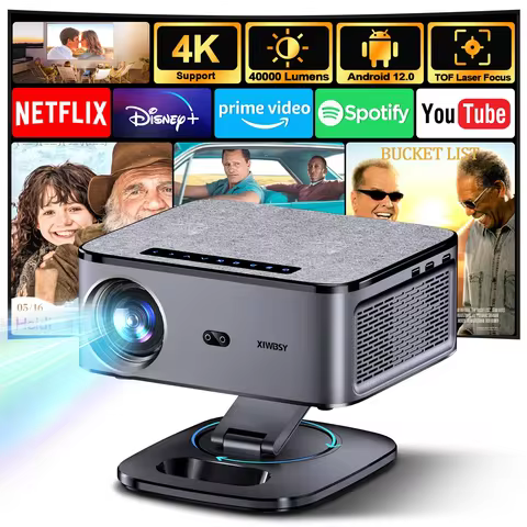 Projetor Portátil XIWBSY 2026 com 40000 Lumens, Foco Automático, Android 12.0, WiFi e Bluetooth, Resolução 4K HD