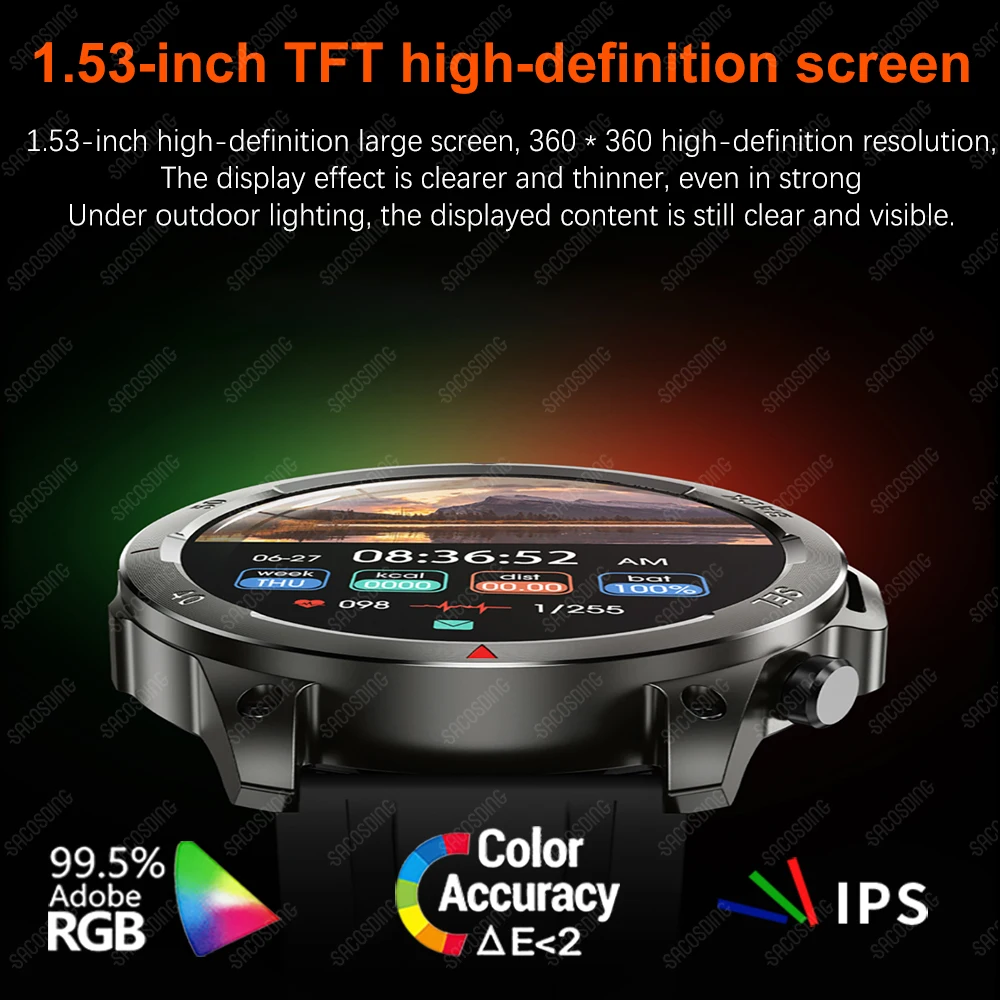 2024 New GPS SOS Military Men SmartWatch Compass NFC Flashlight Watches 1.53 inches 400mAh BT Call Waterproof Sports Wristwatch