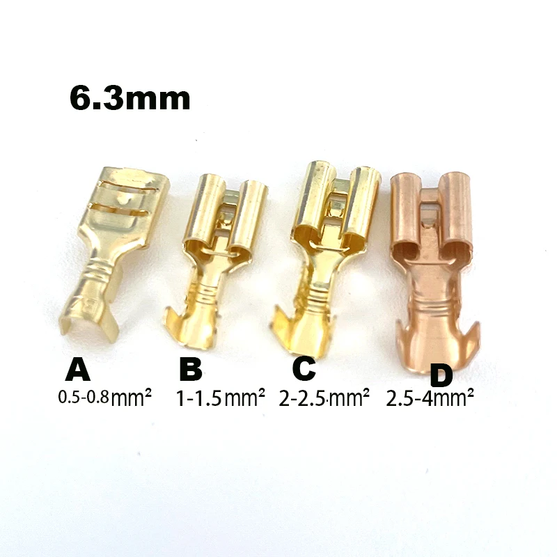 

50/100/200/500 Pcs DJ622-D6.3B /A/B/C/D 0.3-4mm2 Quick Splice 6.3mm Female Wire Spade Connector 6.3 Wire Crimp Terminal