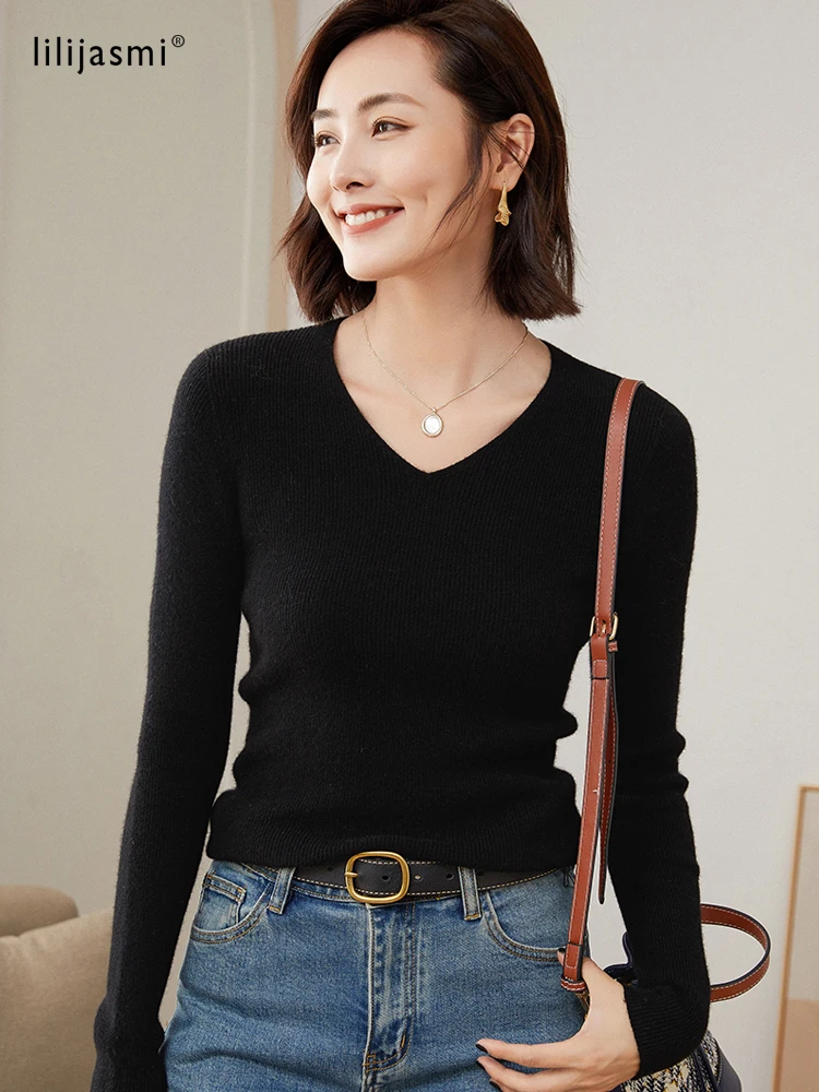 Women 100% Wool Pullover No-Seam Unibody V-Neck Pullover Sweater Basic Solid Style Pure Elastic Slim Fit Jumpers 2022 New Colors