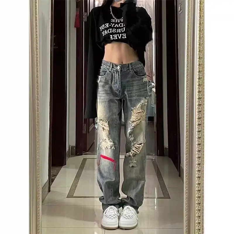 Women\'s Jeans Hiphop High Street Hot Girl High Waist Fashion Y2k Wide Leg Pants Spring Vintage Woman Ripped Baggy Jeans 2022