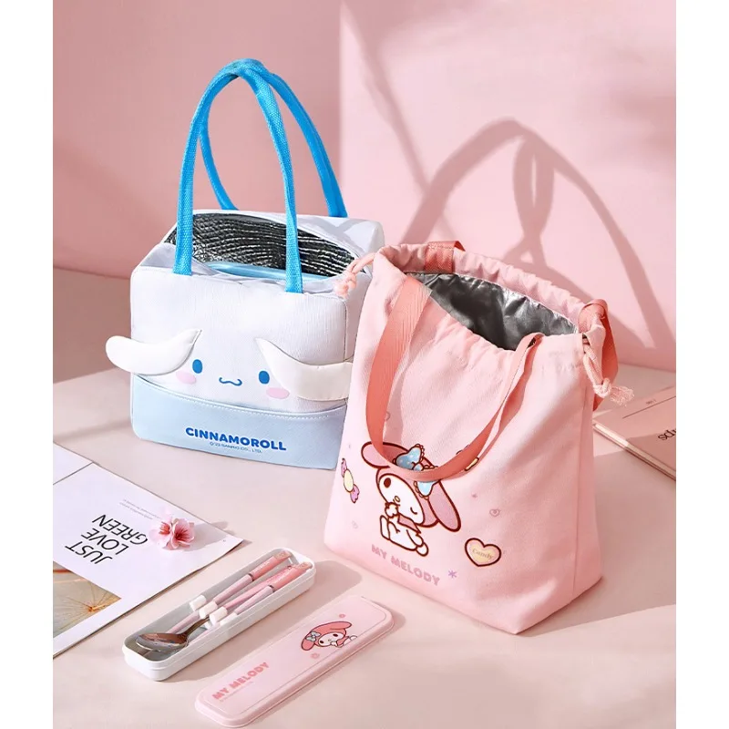 Sanrio Hello Kitty Cinnamoroll Anime Kawaii Lunch Box Simpatico cartone animato My Melody Bento Tote Bag Lavoratore Giocattoli scolastici per ragazze