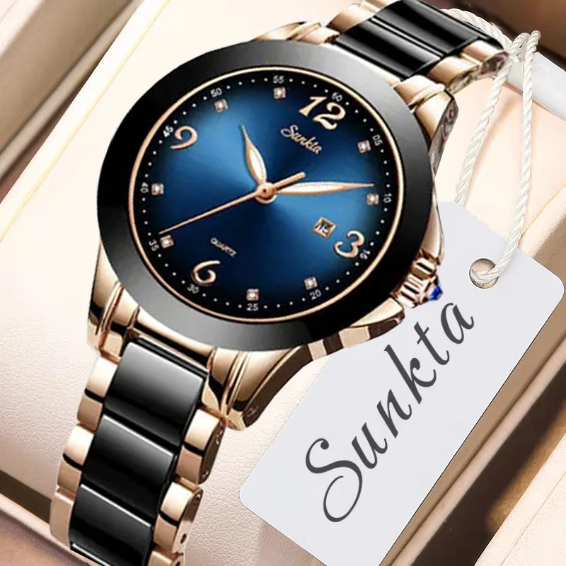 SUNKTA Fashion Elegant Woman Watch Diamond Simple Casual Ceramic Belt Women\'s Wristwatches Date Waterproof Luminous Female Clock