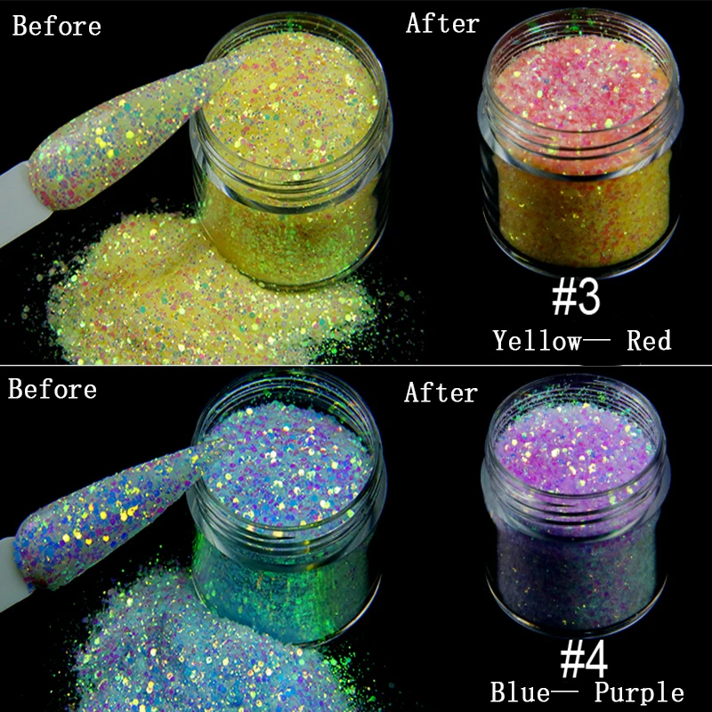 10 г/банка, светочувствительная смесь, шестиугольные блестки, блестящие хлопья для дизайна ногтей, 3D блестящие хлопья для маникюра, изменение цвета, УФ-блеск