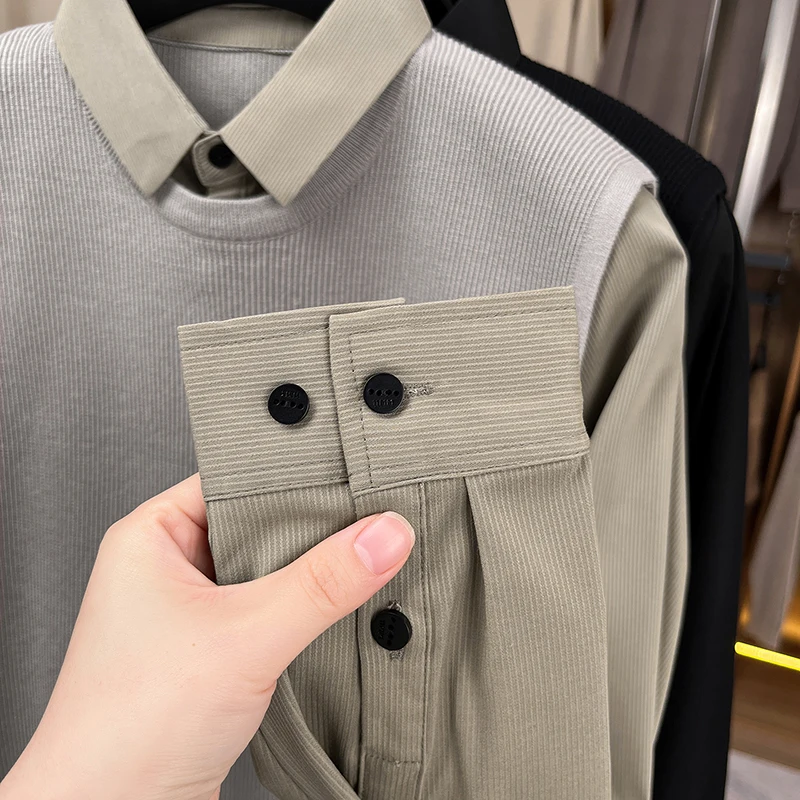 Men's Luxury Autumn Long Sleeves Fake Two-Piece Shirt Collar Embroidery Keep Warm Sweater Leisure Fashion Trend Versatile Tops