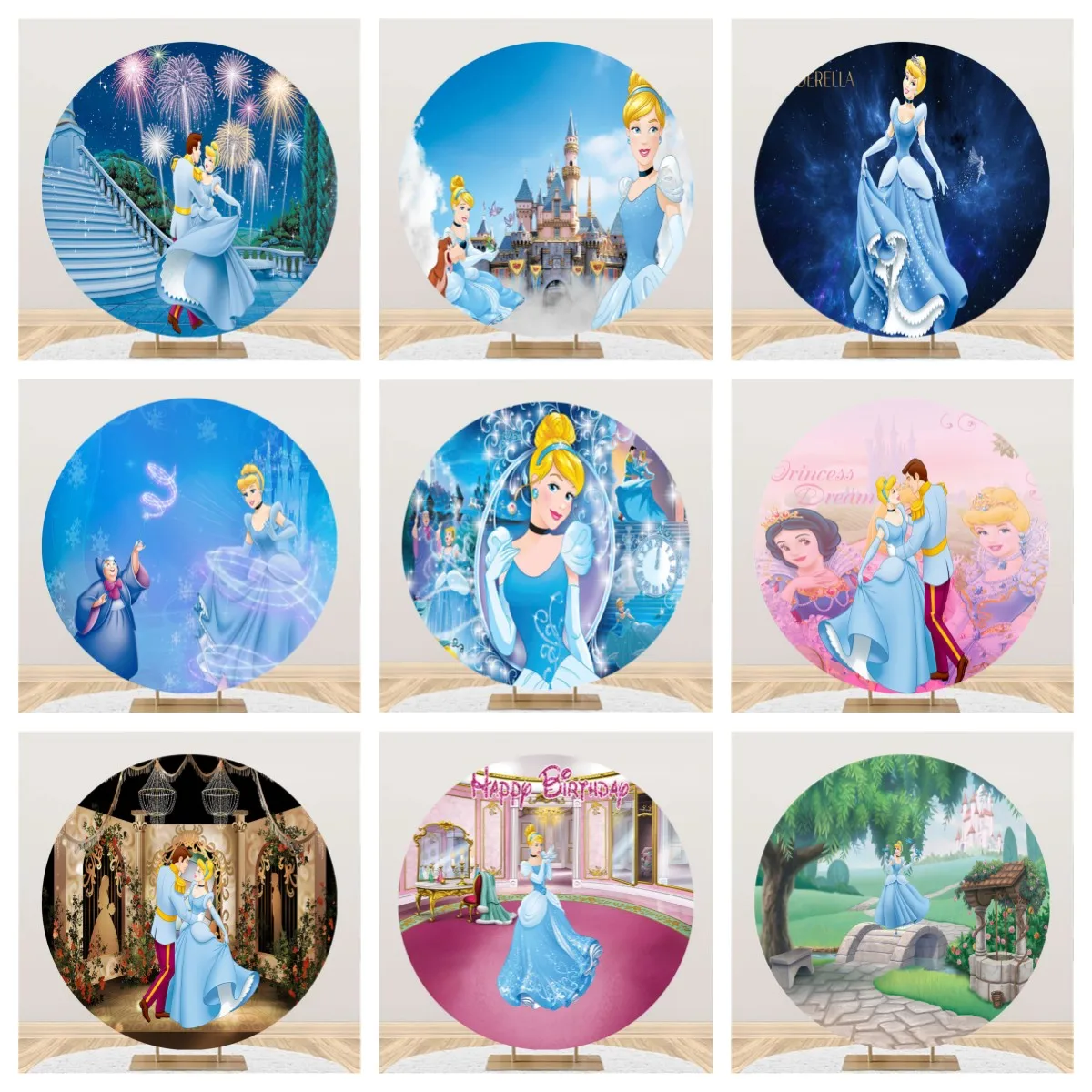 Princess Blue Dress Cinderella Castle Theme Girls 1st Birthday Background Deco Disney Round Circle Magic Party Backdrop