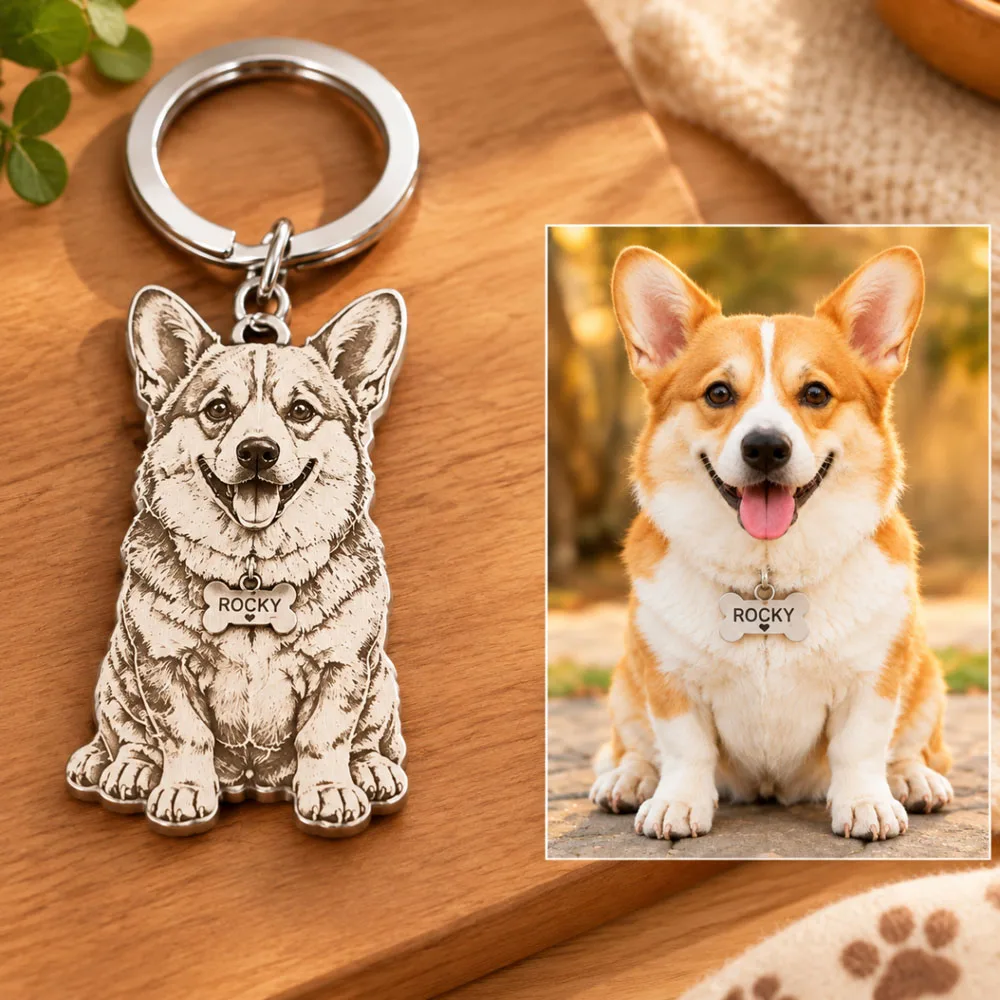 Custom Engrave Pet's Photo Keychain Stainless Steel Personalized Pet's Name Pendant Keyring Jewelry For Men Women Wholesale view 3