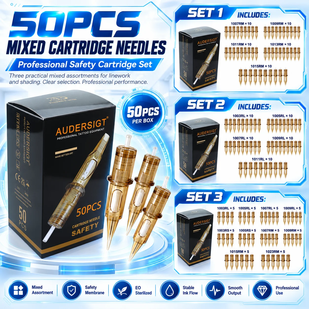 Audersigt 50PCS Mixed Tattoo Cartridge Needles 0.30/0.35mm RL RM RS Disposable Round Liner Shader Magnum