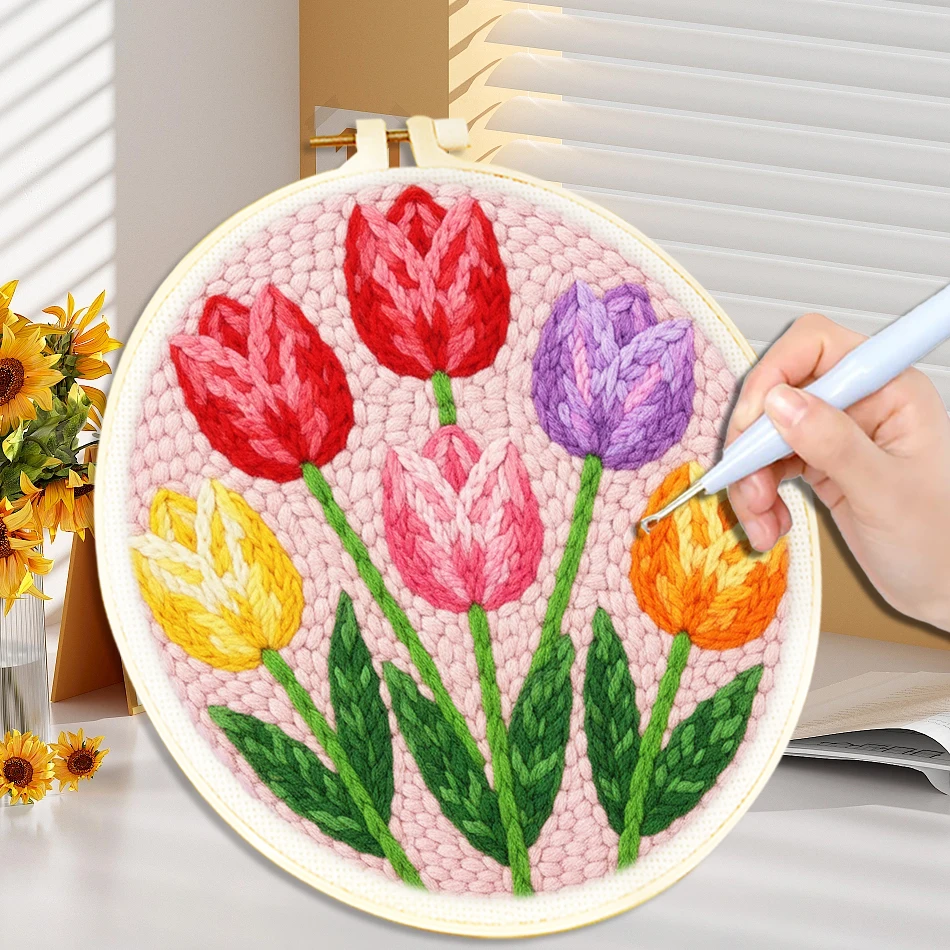 

CHENISTORY DIY Punch Needle Kits for Beginners Rose Tulip Flower with Hoop Punch Needle Embroidery Set Craft Yarn Painting Arts