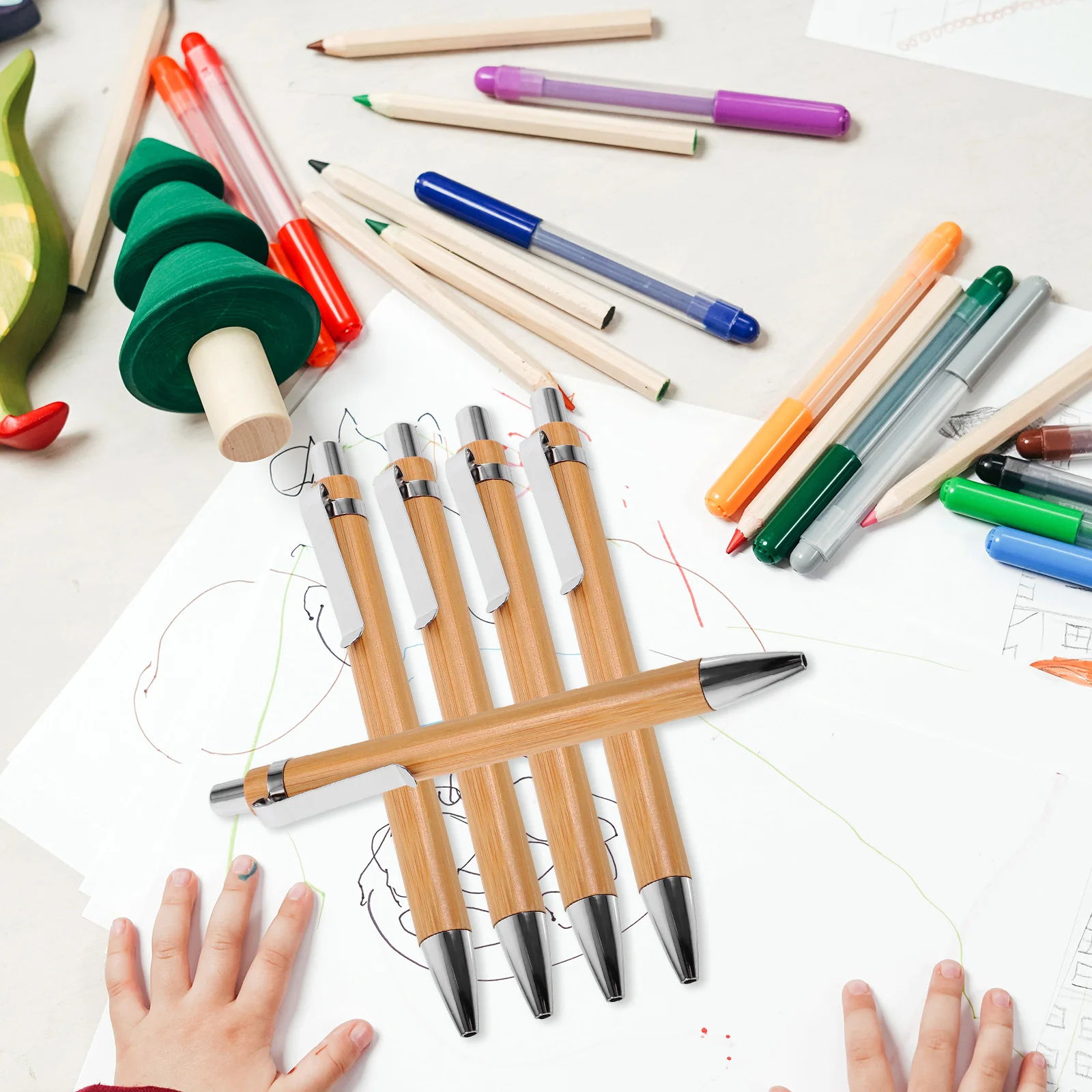 

5Pcs Bamboo Retractable Ballpoint Pens Elegant Fine Point Smooth Writing Tool Business Study Stationery Supplies