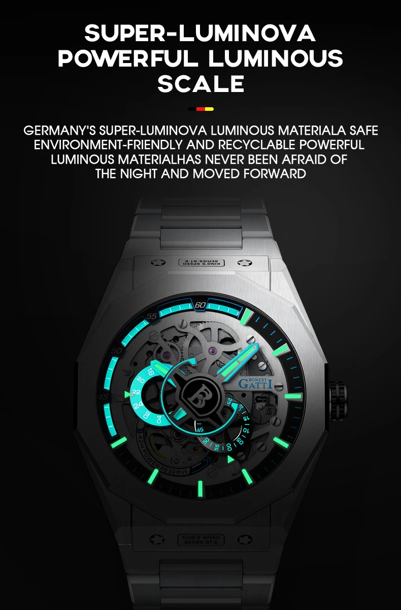 BONEST GATTI ساعة أوتوماتيكية للرجال ساعات فاخرة ساعة يد ميكانيكية عسكرية هيكل عظمي مقاوم للماء حزام فولاذي مضيء من الياقوت #2