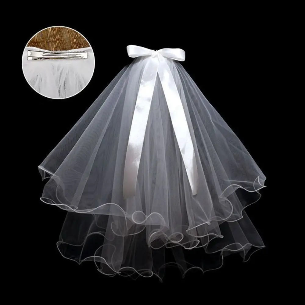 

Minimalist Flower Bridal Veil Bow Pearl Marry Veil Ribbon Double Layer Wedding Gauze Women