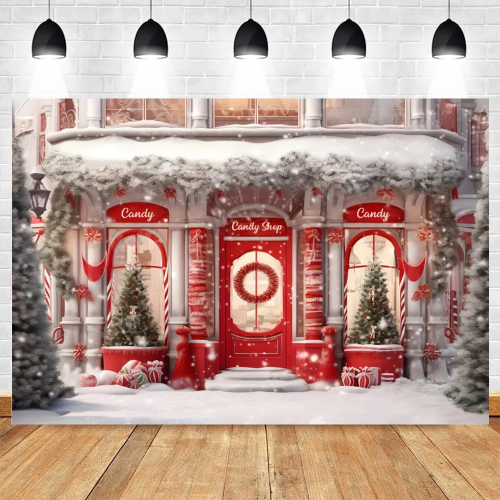 Christmas Store Backdrop Xmas Tree Candy Toy Gift Store Window Winter Snow Xmas Eve Family Party Photography Background Decor