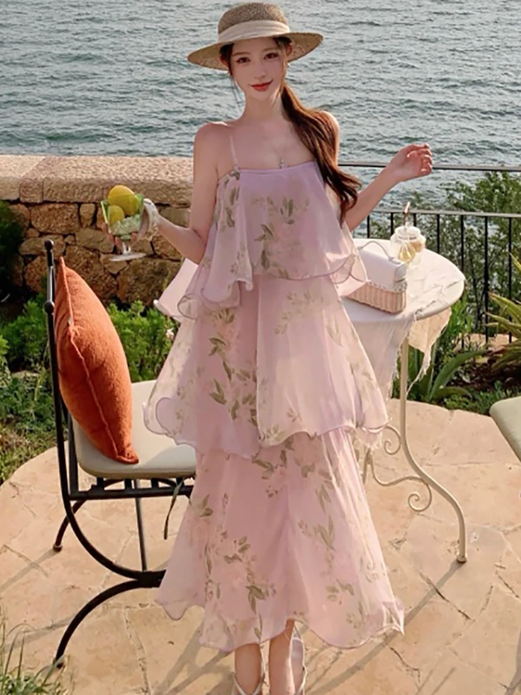 Summer Purple Chiffon Floral Chic Ruffled Casual Dress Women Elegant Sling Sexy Long Dress 2026 Korean Luxury One Piece Dresses