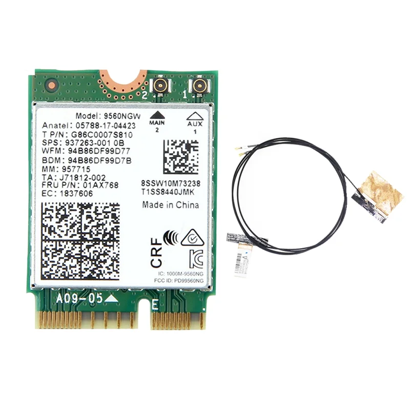 

9560NGW WiFi Card+Antenna 1730Mbps Wireless AC 9560 Dual Band 2.4G+5G BT 5.0 802.11Ac M.2 CNVI 9560NGW Wireless Adapter