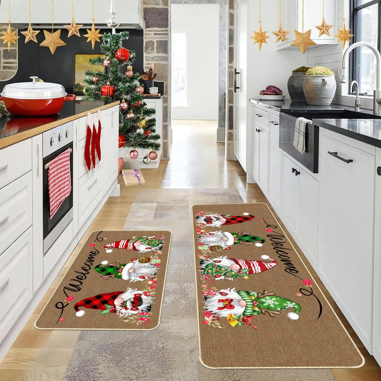 

VIKAMA2 шт., набор ковриков с рождественской тематикой, устойчивые к пятнам и нескользящие коврики для прихожей, коврики для кухни и прачечной, домашний декор