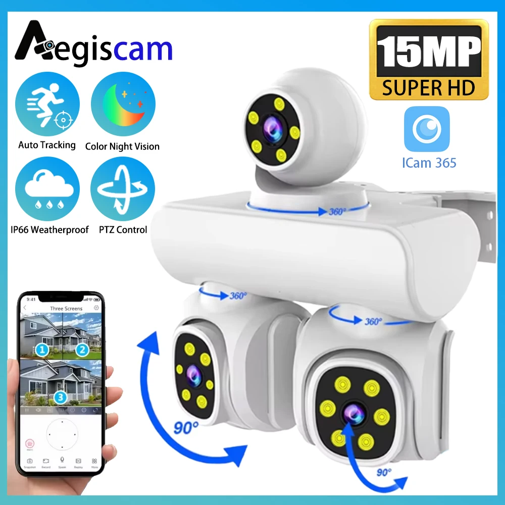 Three Lens PTZ IP Camera Outdoor 15MP HD Three Screen WiFi Security Camera Auto Tracking Night Vision Surveillance