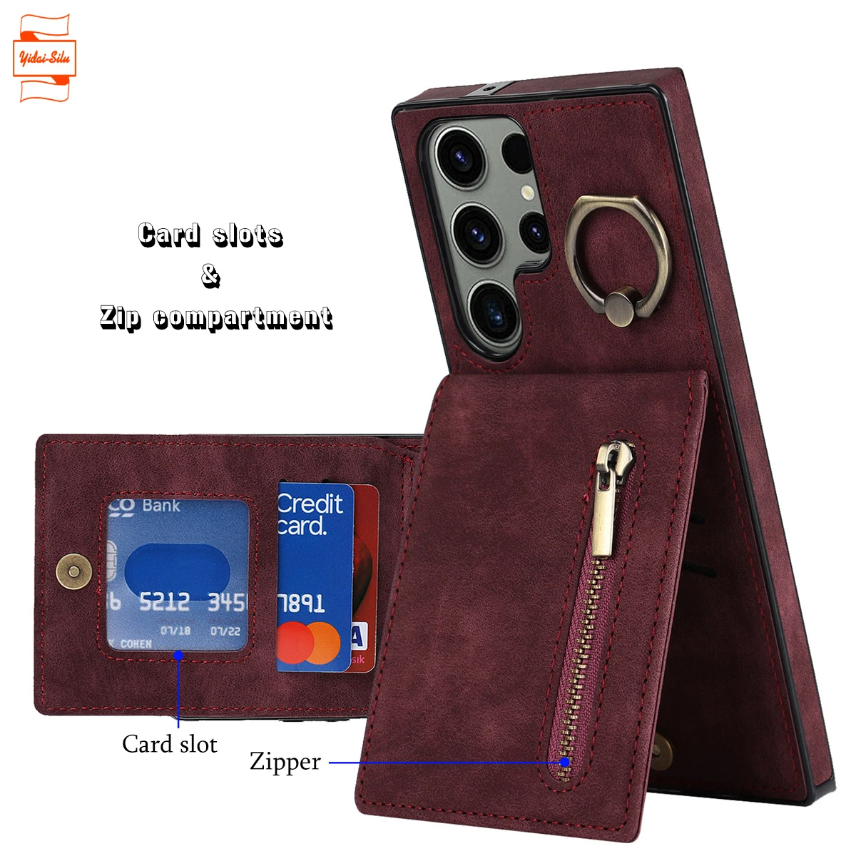 

Yidai-Silu Leather Wallet Case Kickstand Card Holder Ring Magnetic Finger Bracket Slot Zipper Cover for Samsung S23 22 21 Ultra