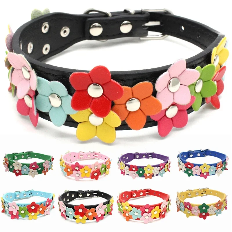 Adjustable Creative Flower Studded Puppy Pet Dog PU Leather Collar Buckle Cats Neck Strap Pet Supplies Dog Cat Collars Apparel