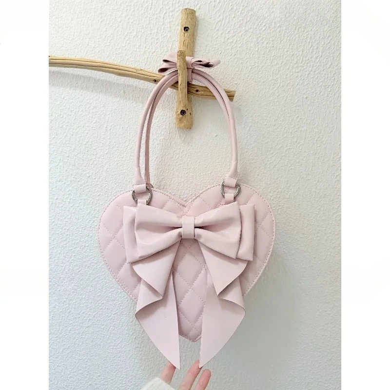 

Original Lolita Handbag Women Sweet Bow Large Heart Bag Fashion Girl Lolita Princess Beautiful Bow Heart Leather Shoulder Bag